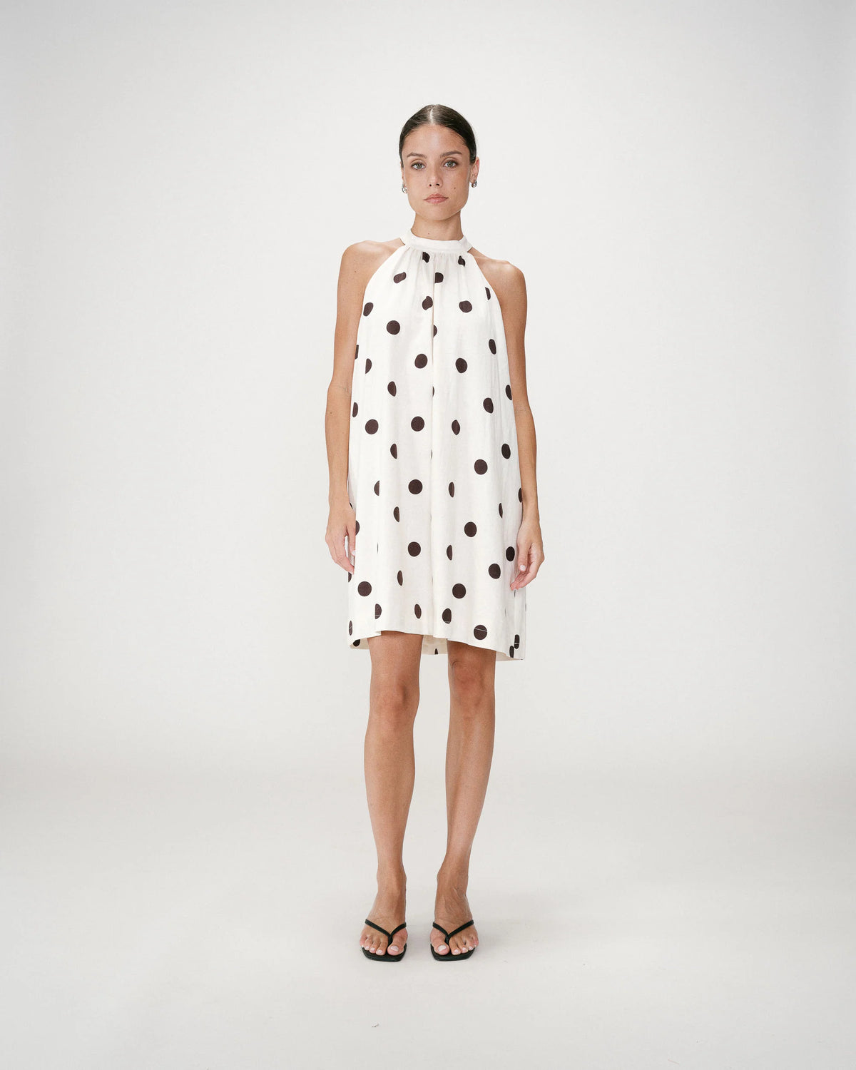 Grace & Mila Warna Ecru Linen Blend Chocolate Polka Dot Short Dress