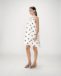 Grace & Mila Warna Ecru Linen Blend Chocolate Polka Dot Short Dress