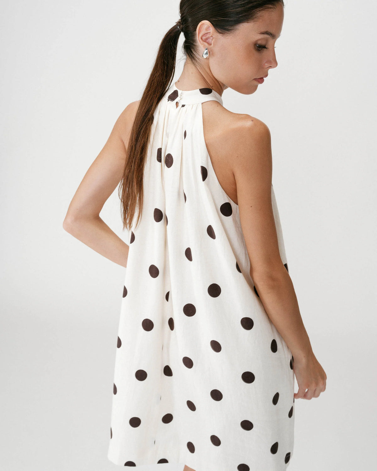 Grace & Mila Warna Ecru Linen Blend Chocolate Polka Dot Short Dress