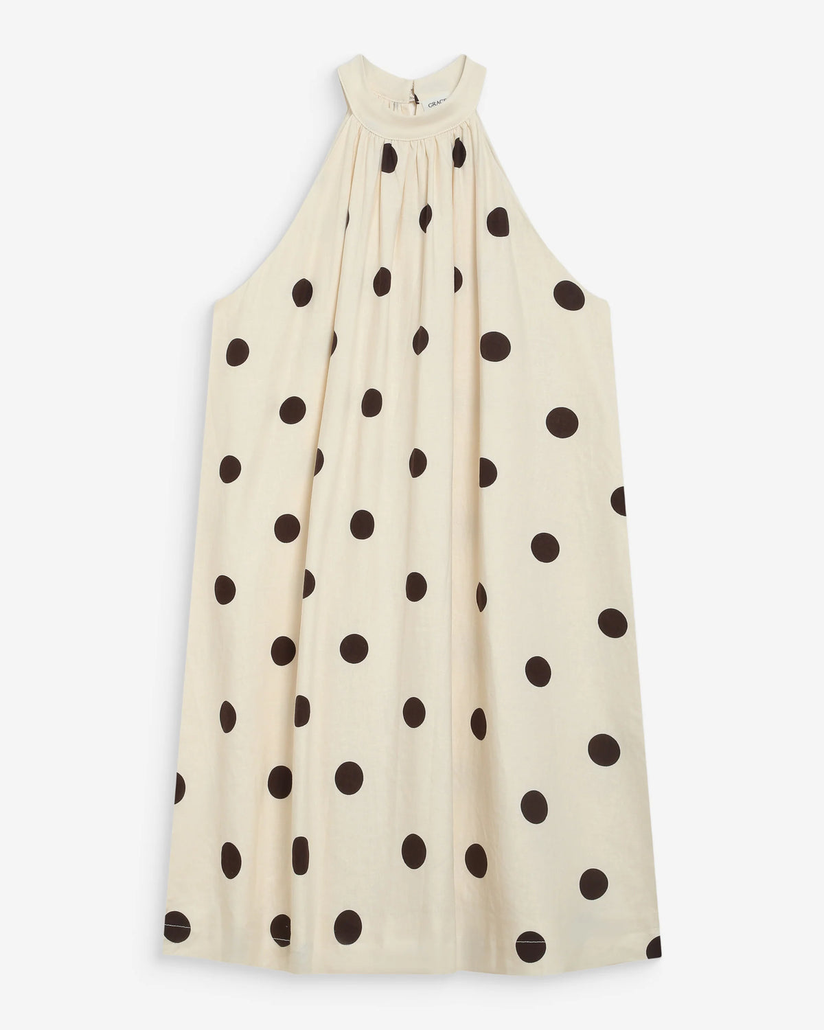 Grace & Mila Warna Ecru Linen Blend Chocolate Polka Dot Short Dress