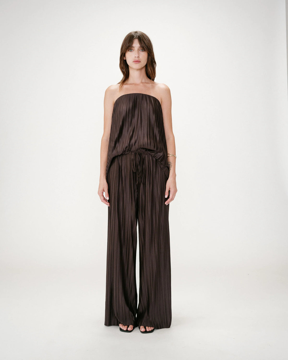 Grace & Mila Wonka Chocolate Brown Plisse Wide Leg Trousers 