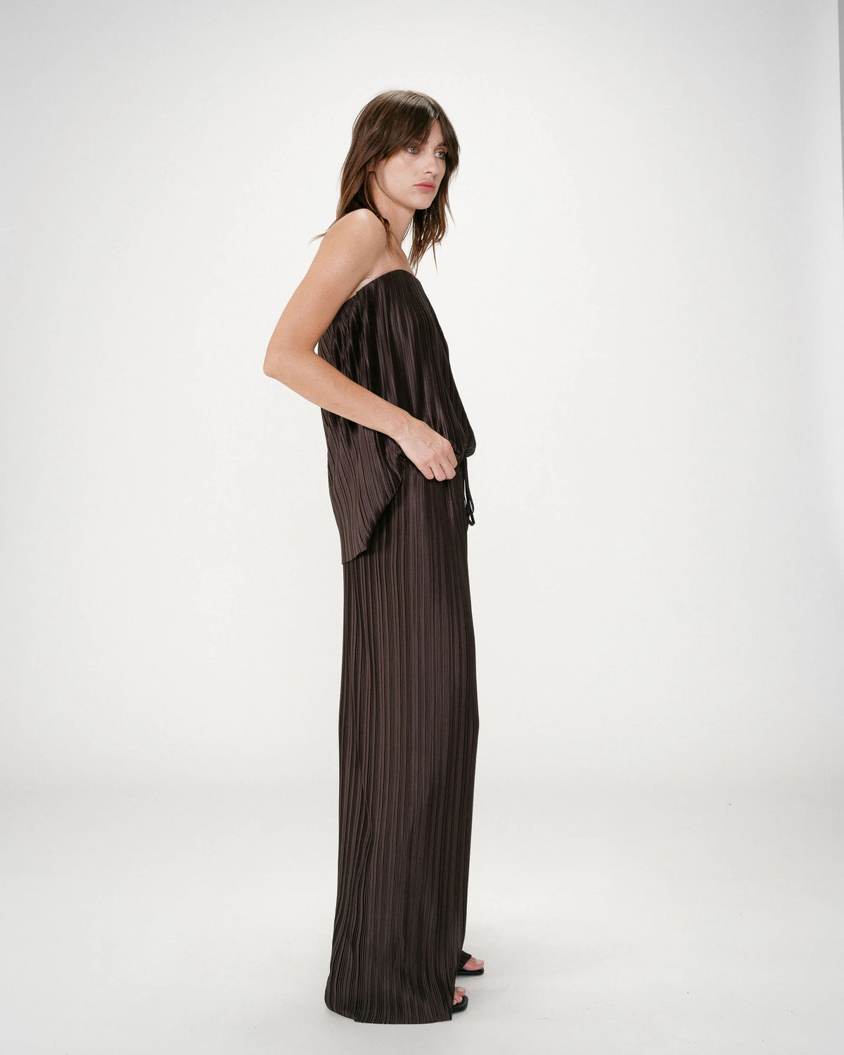 Grace & Mila Wonka Chocolate Brown Plisse Wide Leg Trousers 