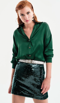 Access Fashion Basil Green Oversized Satin Shirt, 34-7040