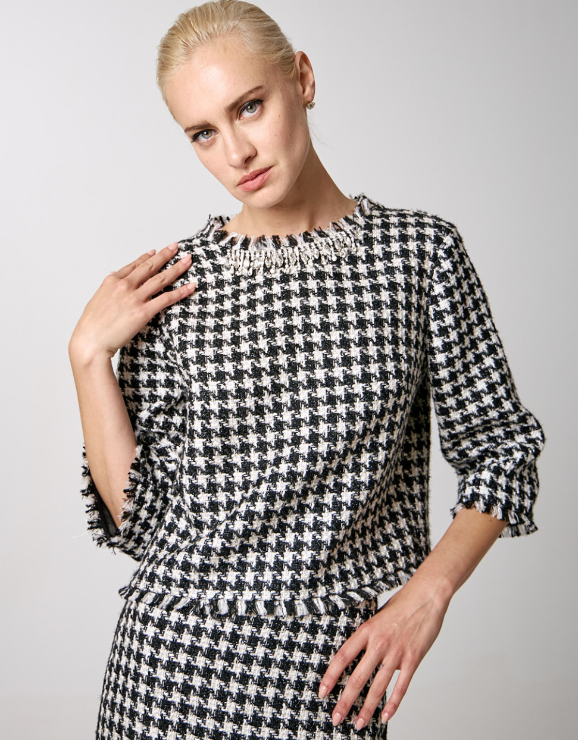 Access Fashion Tweed Cropped Houndstooth Blouse, 34-2019