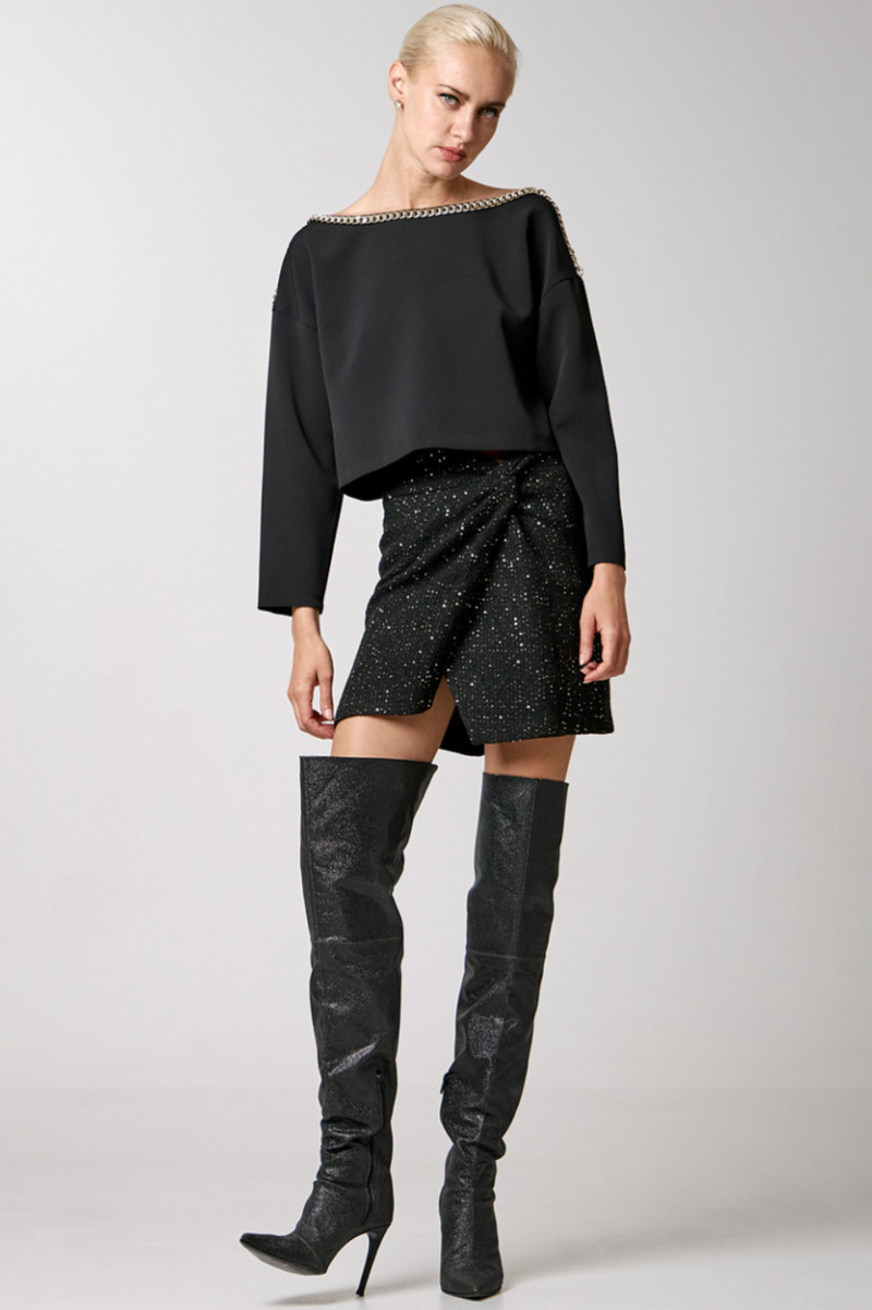 Access Fashion Black Sequin Embroidered Tweed Asymmetric Skirt, 34-6033