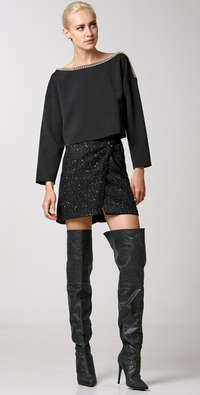 Access Fashion Black Sequin Embroidered Tweed Asymmetric Skirt, 34-6033