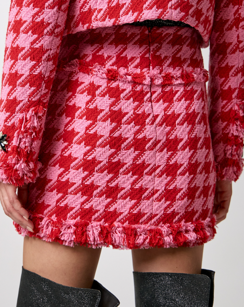 Access Fashion Pink/Red Tweed Mini Skirt with Rhinestone Embellishment, 34- 6007