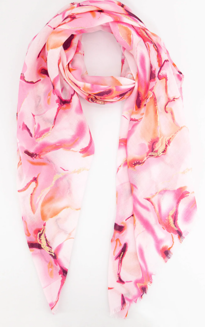 Ruby 67 Pink Tie Dye Wave Print Scarf with Gold Metallic