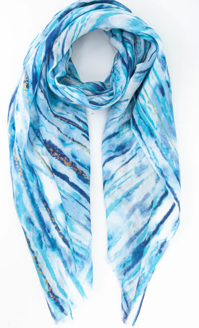 Ruby 67 Blue Metallic Gold Foil Abstract Stripe Print Scarf