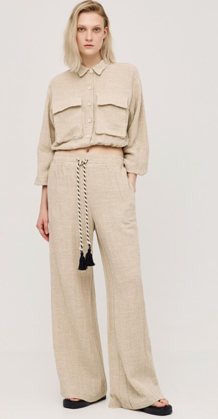 Access Fashion Sand Beige Cropped Shirt Linen Mix Jacket , 43-7031