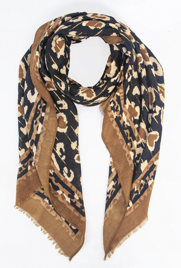 Ruby 67 Percy Neutral Leopard Print Border Scarf, 3194NEU