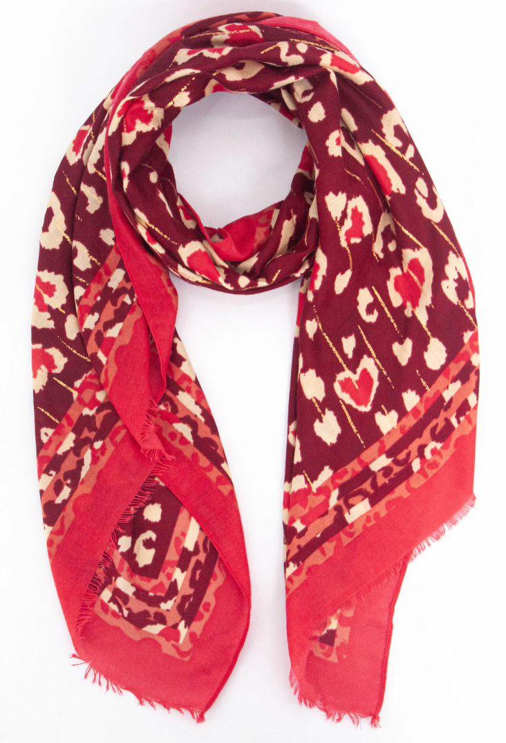 Ruby 67 Percy Burgundy Leopard Print Border Scarf, 3194F