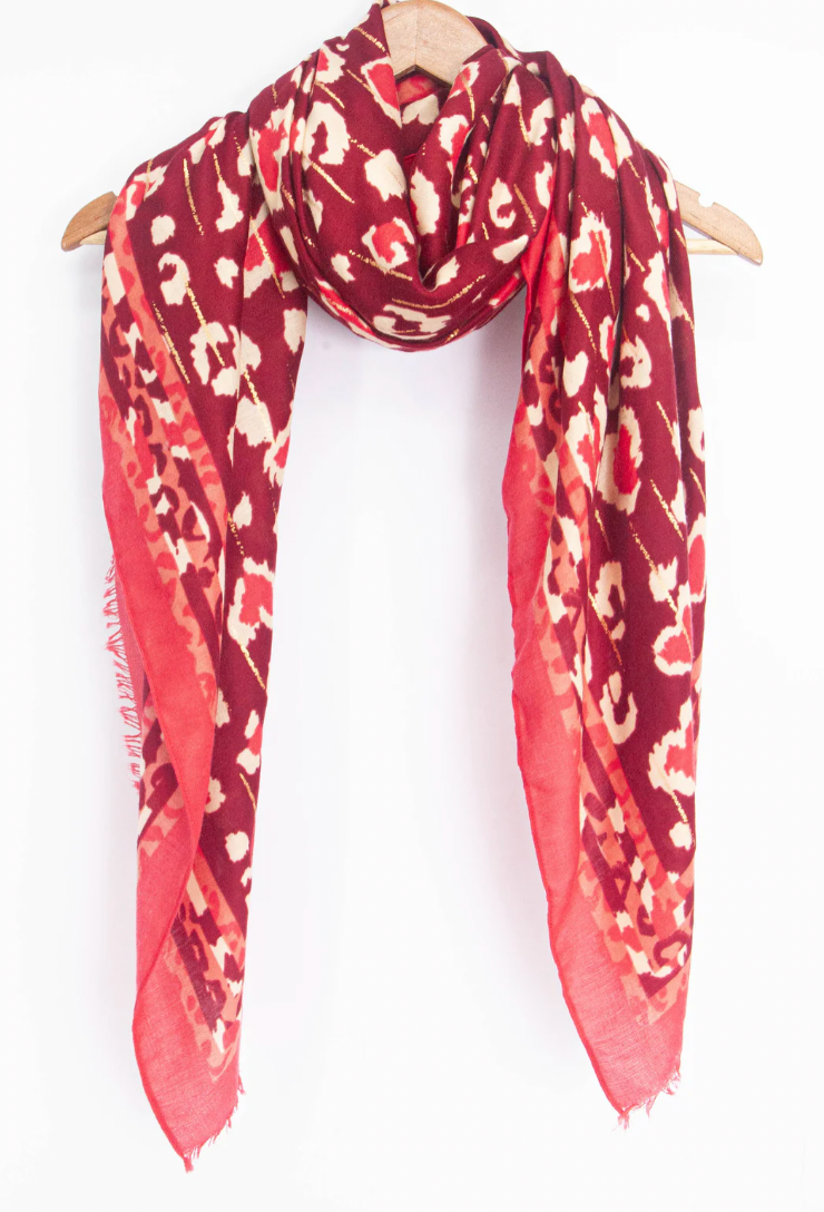 Ruby 67 Percy Burgundy Leopard Print Border Scarf, 3194F