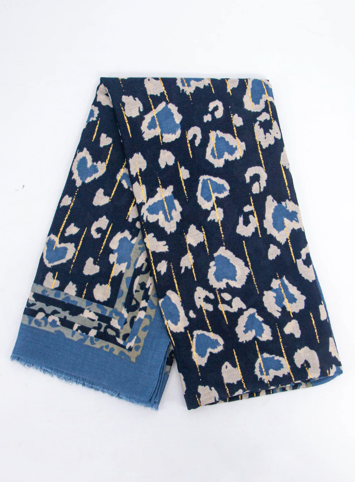 Ruby 67 Percy Blue Leopard Print Border Scarf, 3194BL