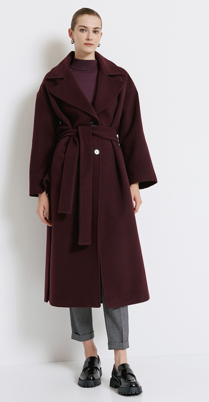 Access Fashion Bordeaux Long Coat with Tie Belt, 44-9026