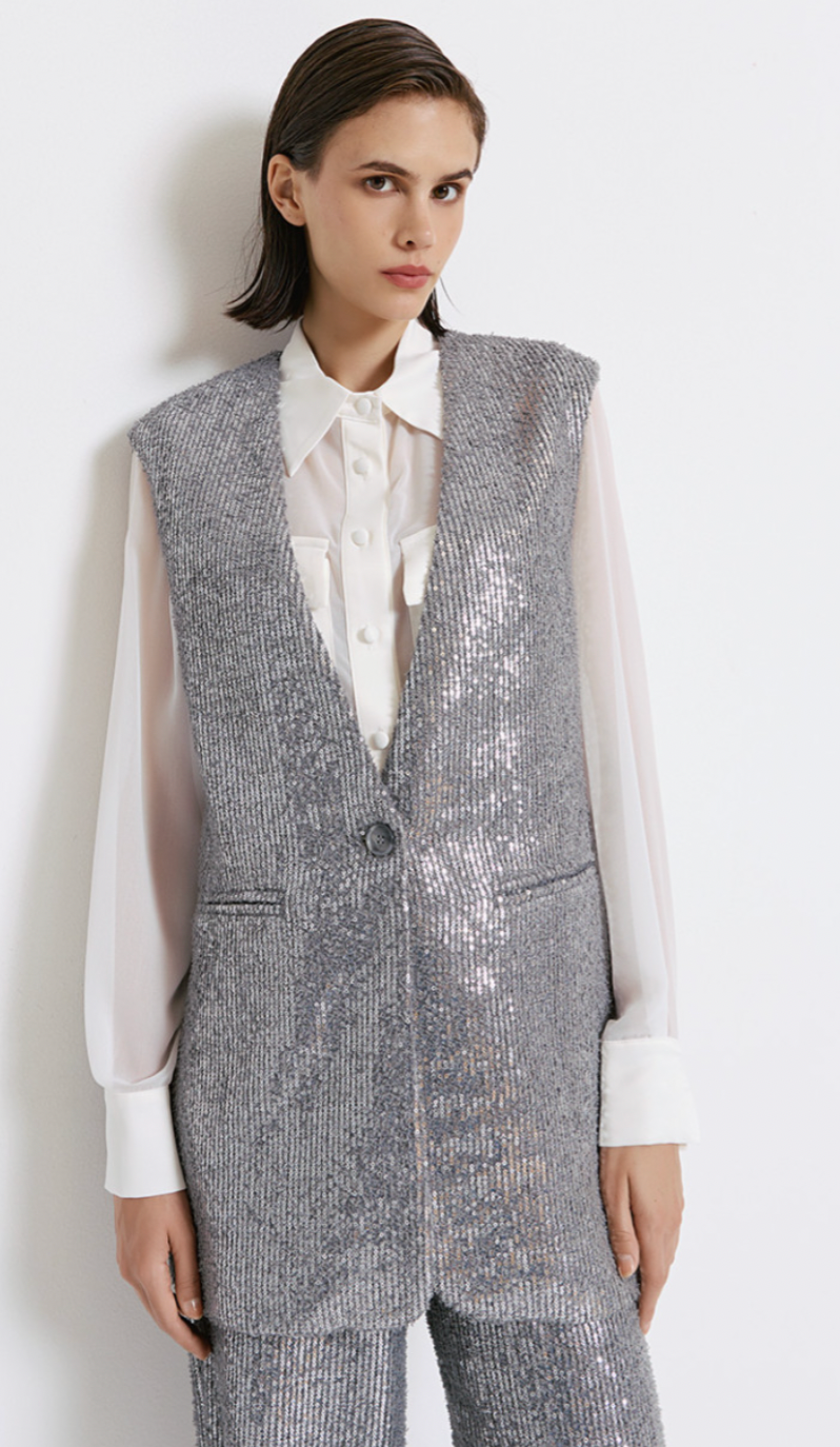 Access Fashion Silver Grey Boucle Knitted Sequin Waistcoat, 44-1055