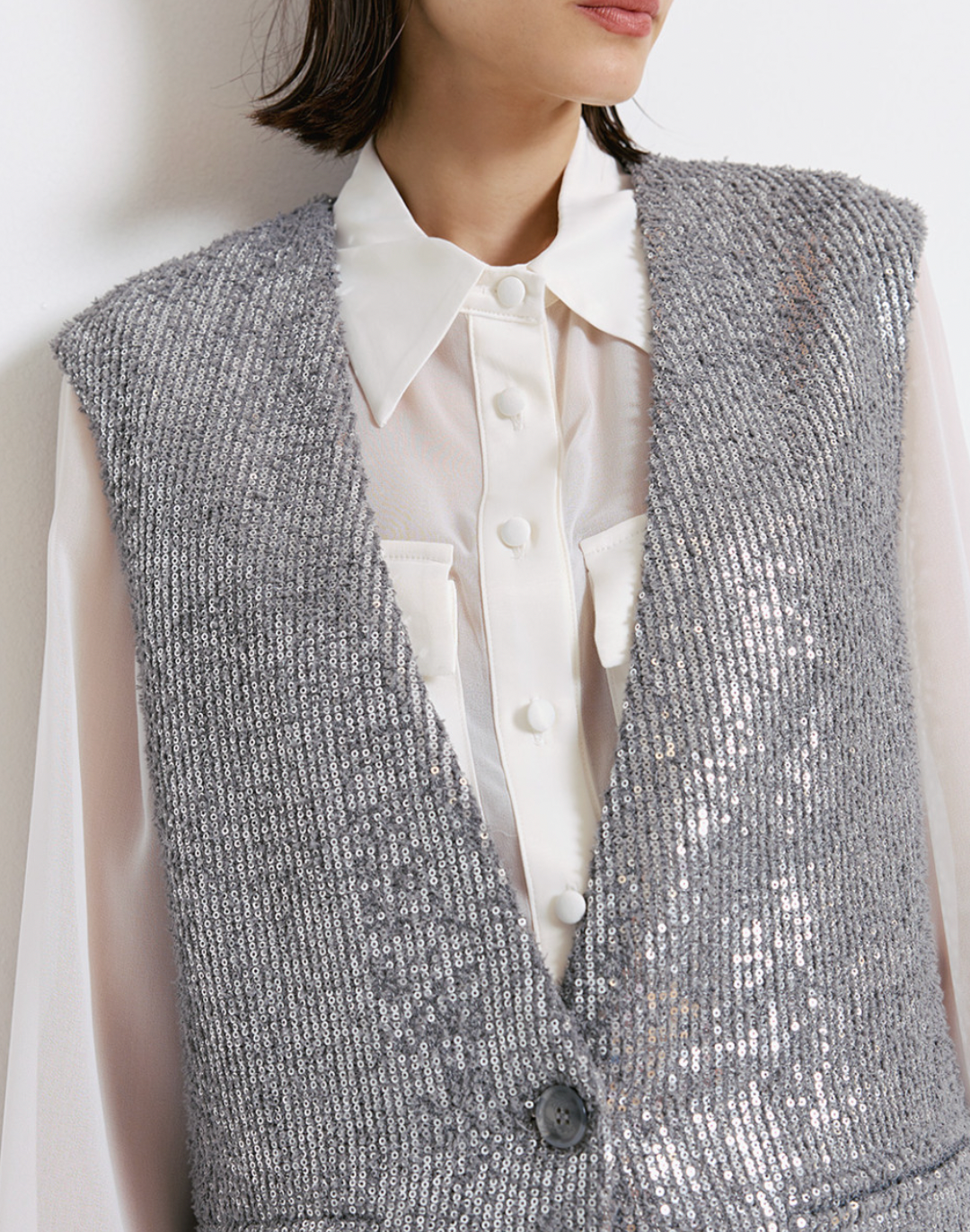 Access Fashion Silver Grey Boucle Knitted Sequin Waistcoat, 44-1055