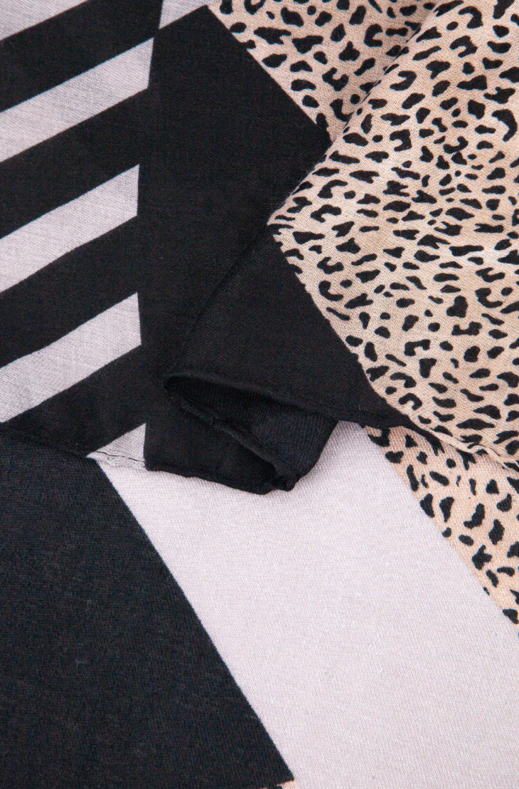 Ruby 67 Jodi Black Animal Print Scarf with Stripe Detailing