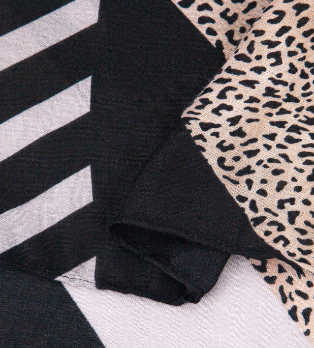 Ruby 67 Jodi Black Animal Print Scarf with Stripe Detailing