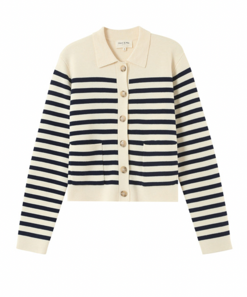 Grace and Mila Pam Navy/Cream Striped Supersoft Cropped Cardigan