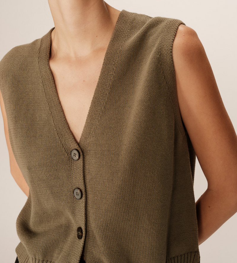 Grace and Mila Pancake Khaki Knitted Cropped Waistcoat