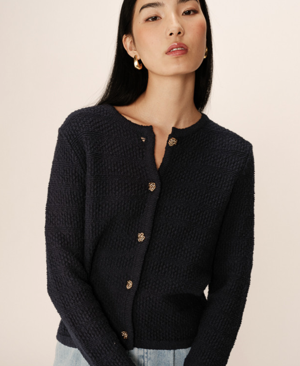 Grace and Mila Paca Marine Navy Textured Button Cardigan