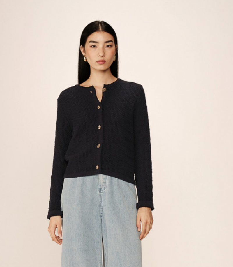 Grace and Mila Paca Marine Navy Textured Button Cardigan