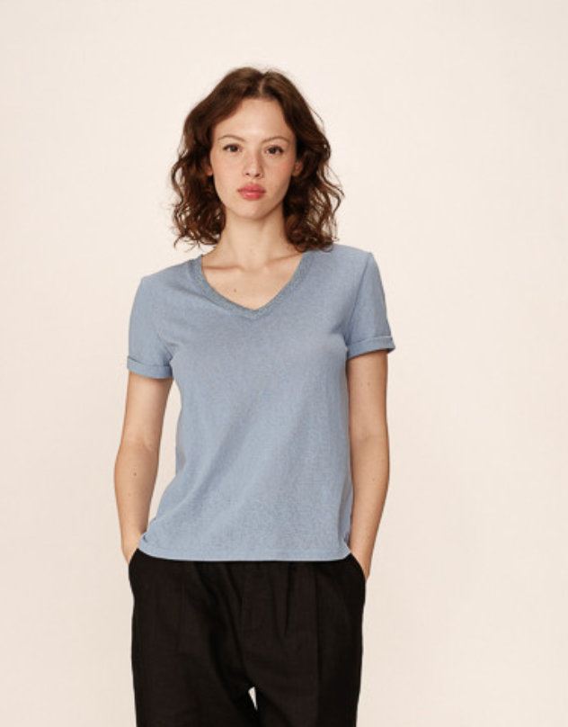 Grace and Mila Pepito Blue V-Neck Lurex T-Shirt