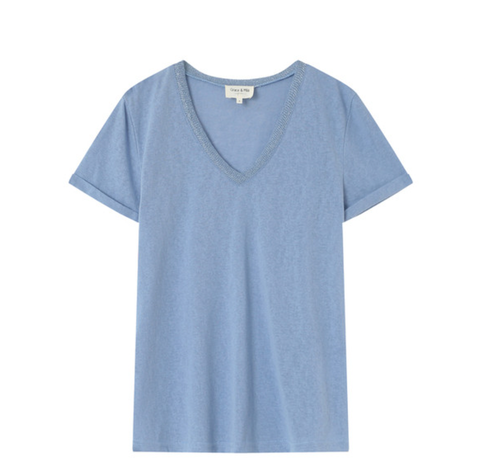 Grace and Mila Pepito Blue V-Neck Lurex T-Shirt