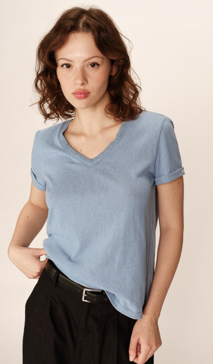 Grace and Mila Pepito Blue V-Neck Lurex T-Shirt