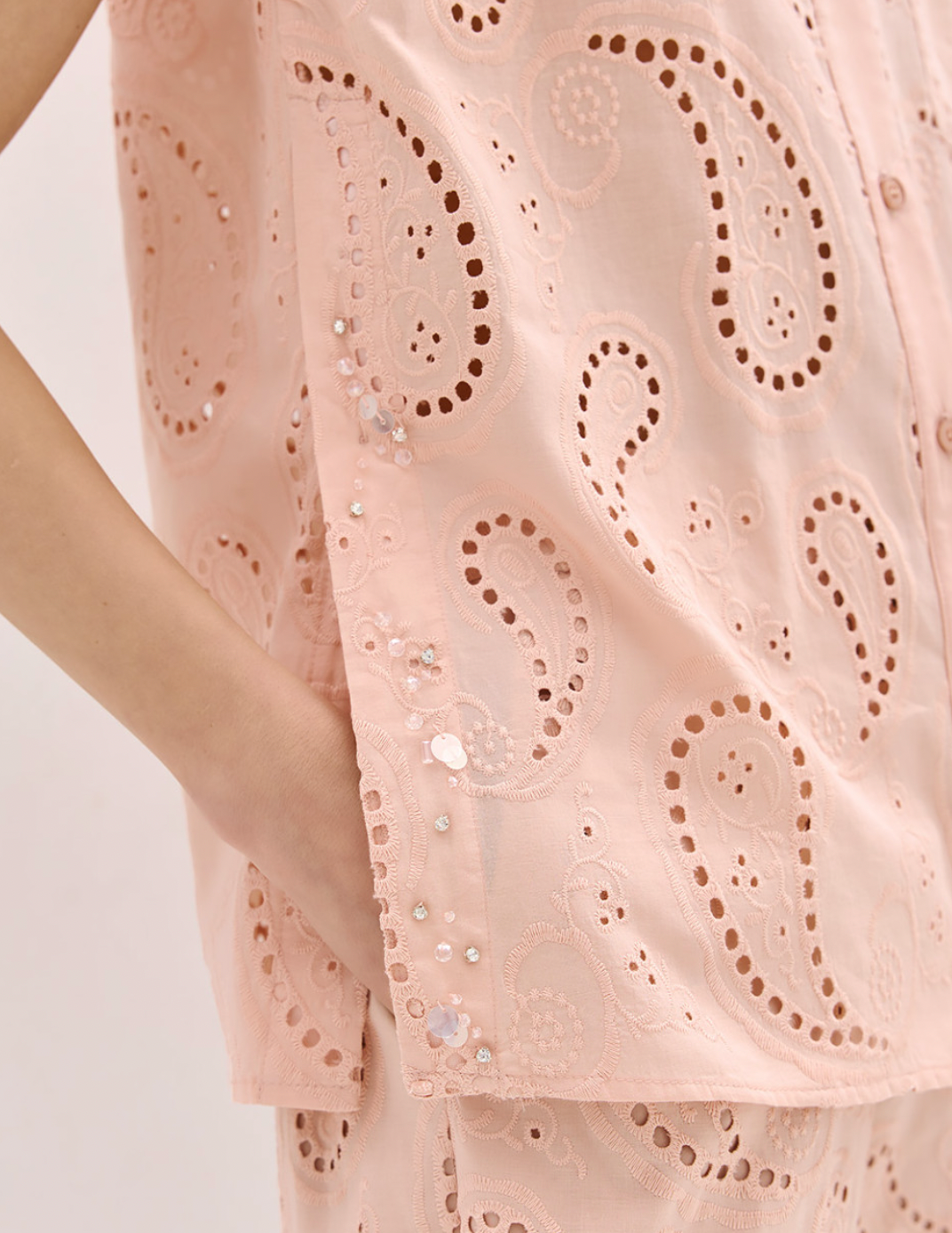 Access Fashion Powder Pink Oversized Broderie Shirt with Embellishment
