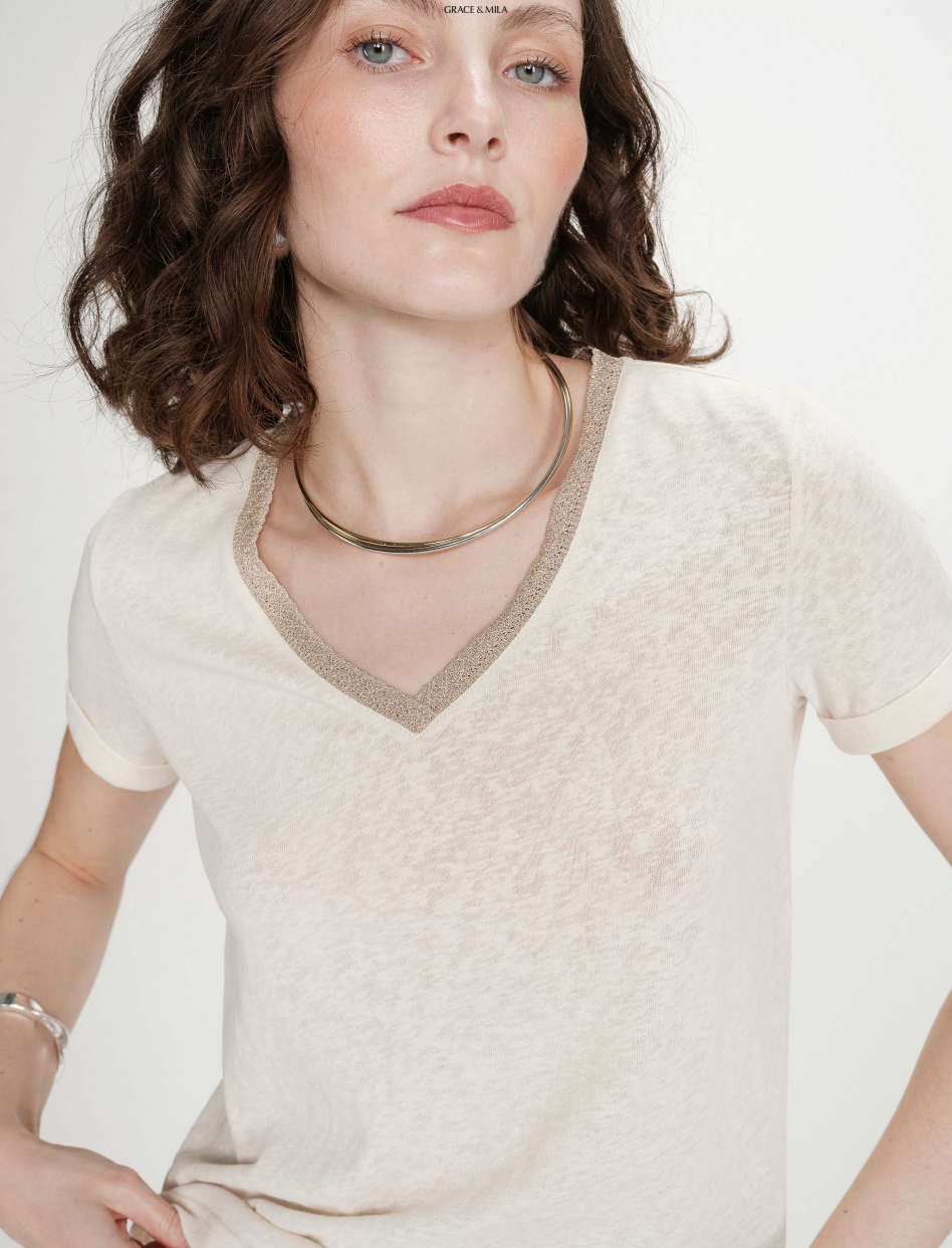 Grace & Mila Vasco Almond Lurex V-Neck T-Shirt