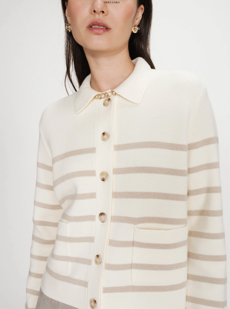 Grace and Mila Maelys Taupe/Cream Striped Supersoft Cropped Cardigan