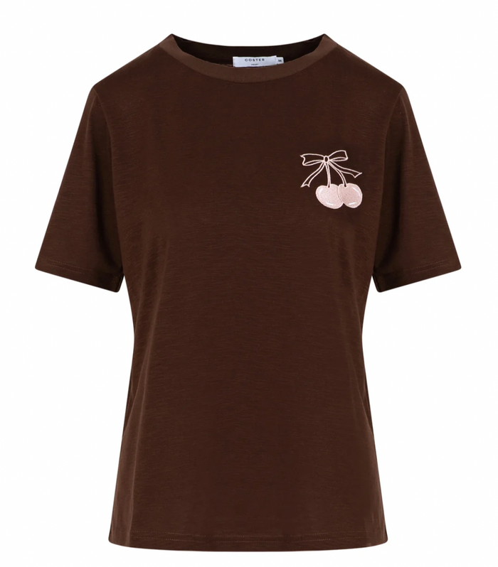 Coster Copenhagen Chocolate T-Shirt with Baby Pink Embroidered Cherry, 261-1500H
