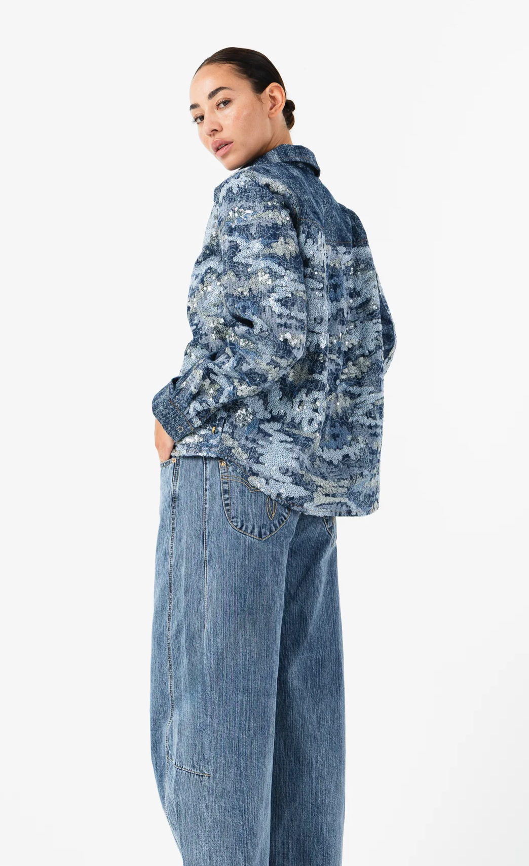 Coster Copenhagen Denim Blue Sequin Shirt Jacket