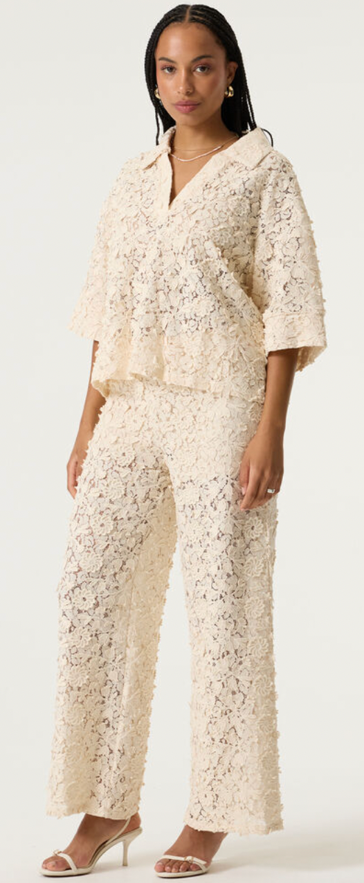 Garcia Cream Lace Embroidered Wide Leg Trousers, Q260117