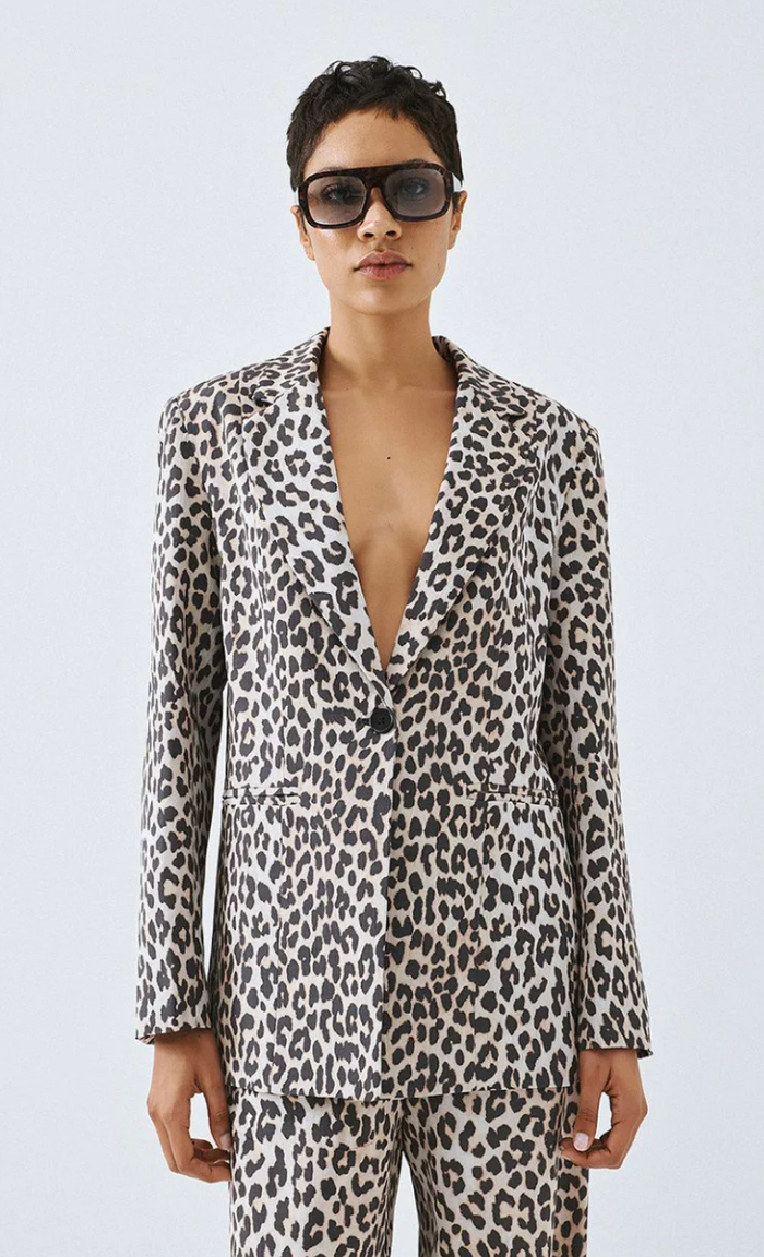 Access Fashion Leopard Print Single Breasted Blazer with Button Detailing, 63-1055