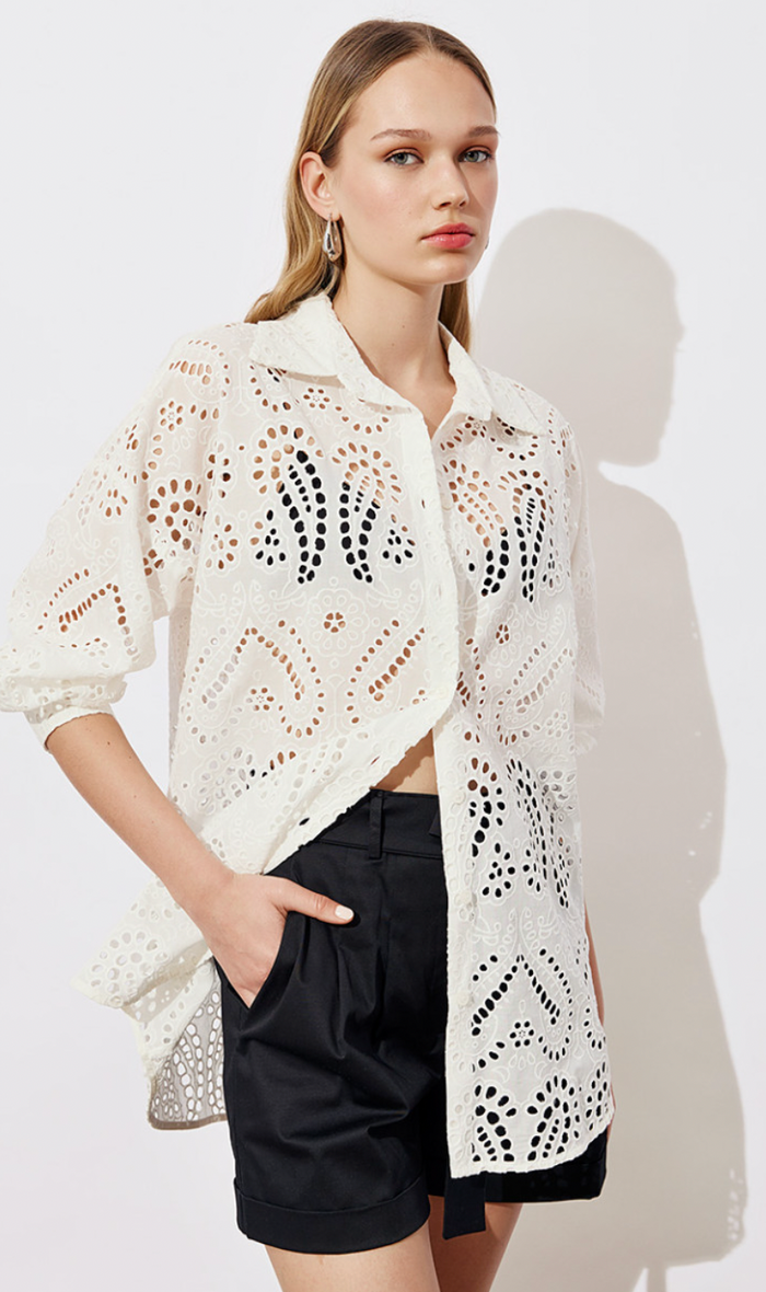 Access Fashion White Broderie Oversized Longline Shirt, 43-7084