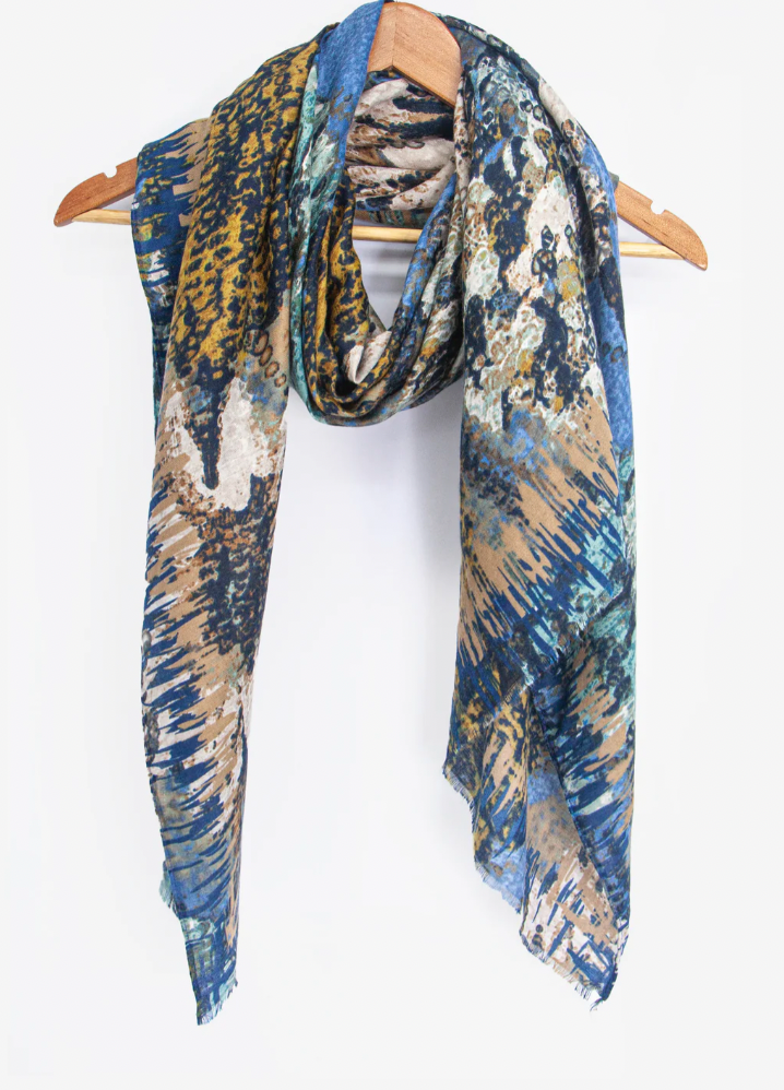 Ruby 67 Niomi Blue Painted Floral Print Scarf, 3200BLMU