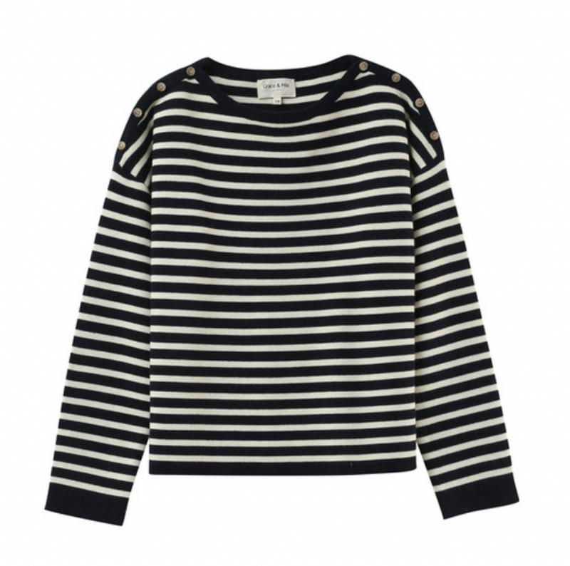 Grace and Mila Pachamama Marine Navy/Cream Striped Supersoft Button Knit