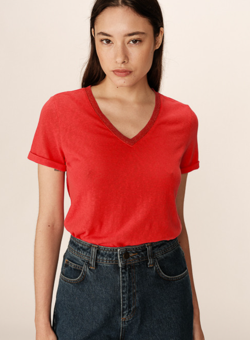 Grace and Mila Pepito Rouge Red V-Neck Lurex T-Shirt