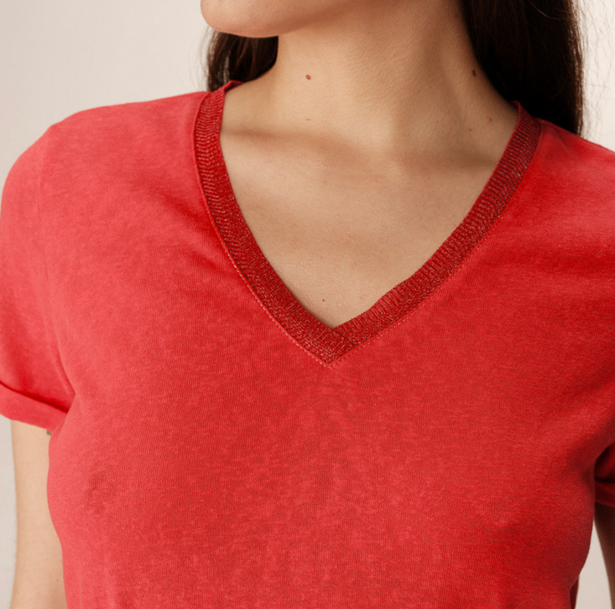 Grace and Mila Pepito Rouge Red V-Neck Lurex T-Shirt