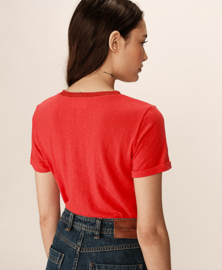 Grace and Mila Pepito Rouge Red V-Neck Lurex T-Shirt