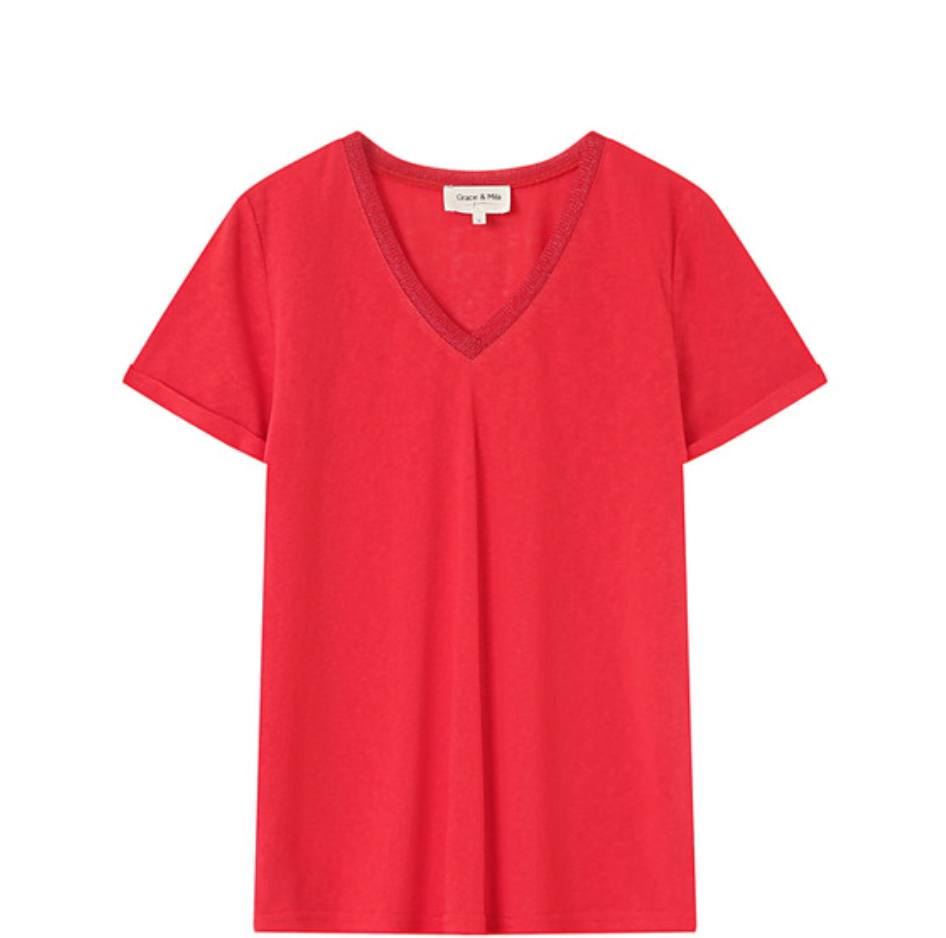 Grace and Mila Pepito Rouge Red V-Neck Lurex T-Shirt