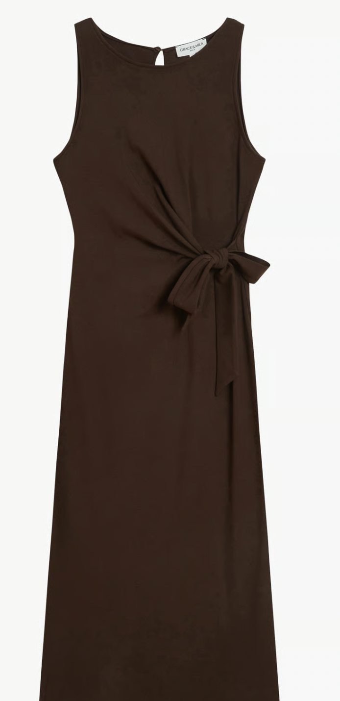Grace & Mila Wyla Chocolate Brown Round Neck Tie Midi Dress