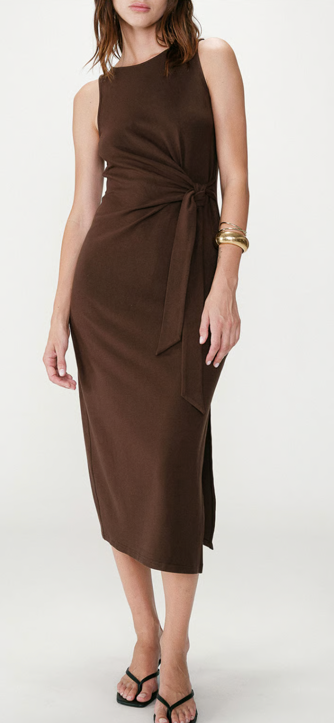 Grace & Mila Wyla Chocolate Brown Round Neck Tie Midi Dress