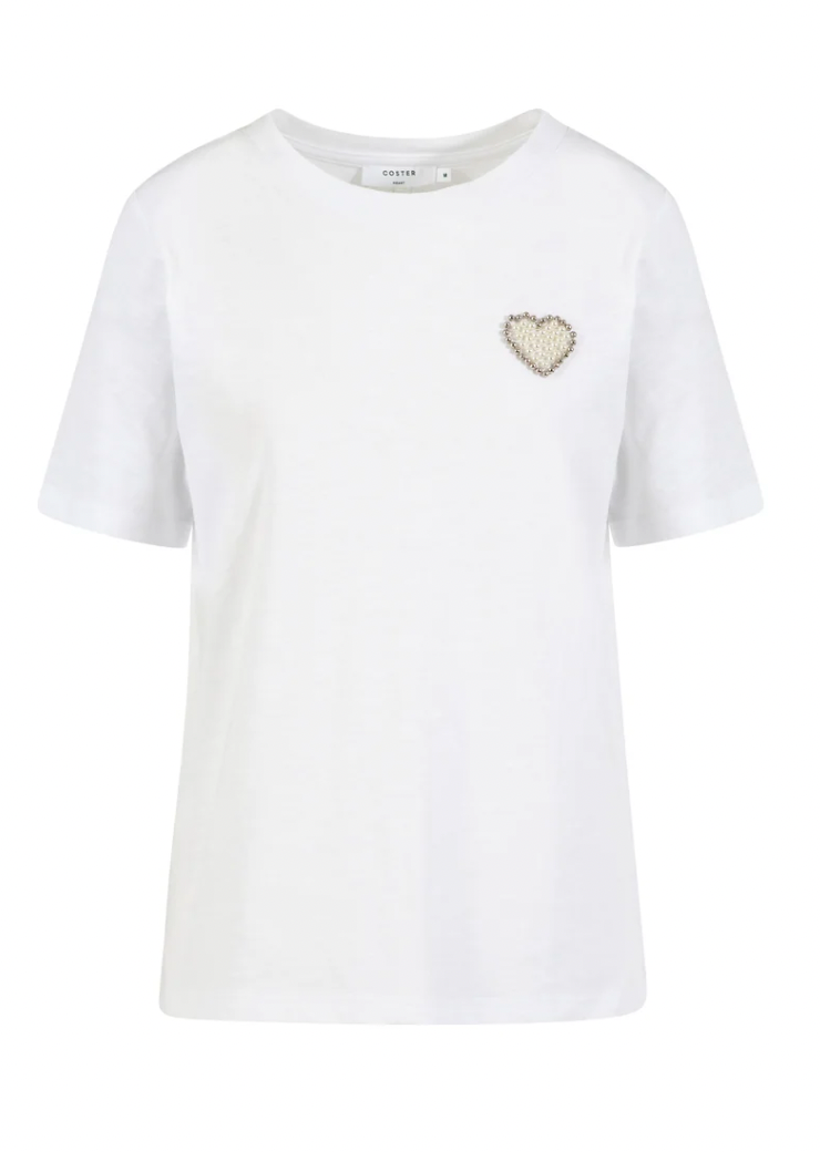 Coster Copenhagen Ultimate Basic White T-Shirt with Beaded Pearl Heart Patch