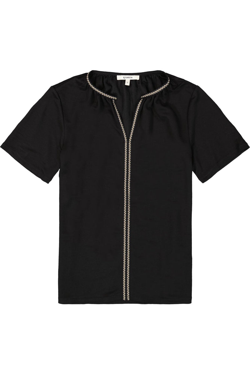 Garcia Black Embroidered V-Neck Silky Top, B50003