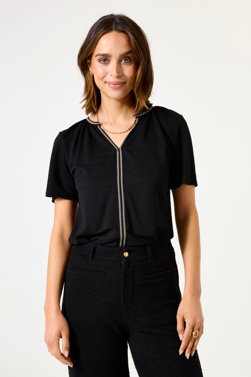 Garcia Black Embroidered V-Neck Silky Top, B50003