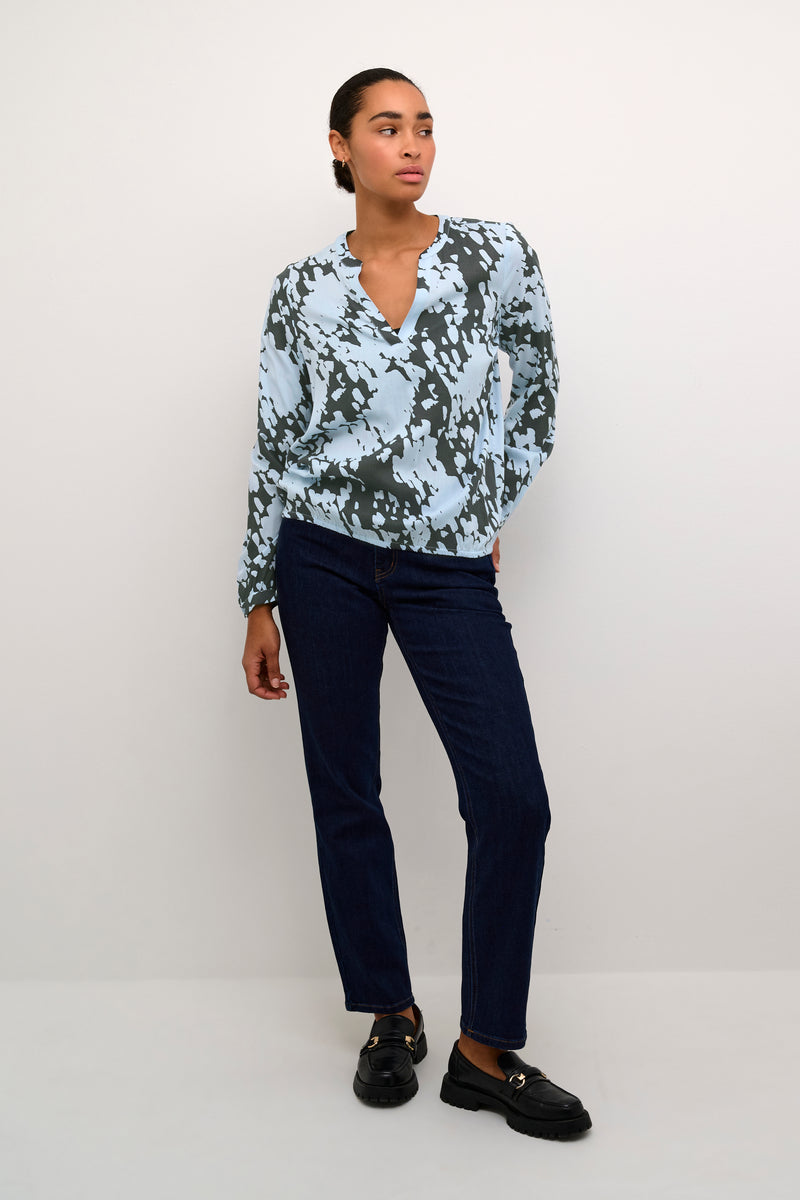 Kaffe Kaditte Grey/Blue Graphic Cloud Print V-Neck Blouse, 10507919